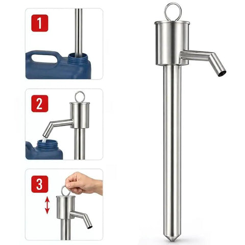 Hand Operated Manual Fluid Transfer Pump Stainless Steel Portable Siphon For Gas, Oil And Water Home Brewing Garage Work Reliable Gear in three usage steps.