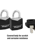 Two padlocks with covered aluminum body and steel shackle, keys beside them, Padlock With Covered Aluminum Body And Steel Shackle Three Quarters Inch Wide Indoor Use Daily Carry Ready For Backpacks Briefcases Tackle Boxes Scratch And Corrosion Resistant 2-Pack.
