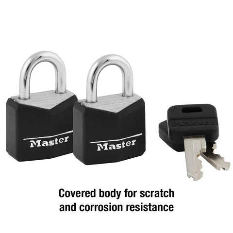Two padlocks with covered aluminum body and steel shackle, keys beside them, Padlock With Covered Aluminum Body And Steel Shackle Three Quarters Inch Wide Indoor Use Daily Carry Ready For Backpacks Briefcases Tackle Boxes Scratch And Corrosion Resistant 2-Pack.