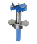 Front view of a blue hinge-boring bit with steel shank and flange for 35mm hinge holes