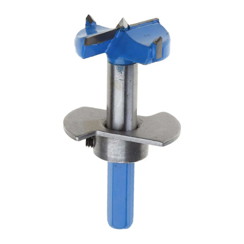Front view of a blue hinge-boring bit with steel shank and flange for 35mm hinge holes