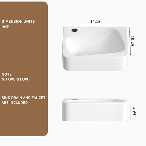 HAOCHRYSYPH Wall-Mounted Bathroom Sink, Ceramic, Milk White, 14x10 in. top view with dimensions and no overflow note.