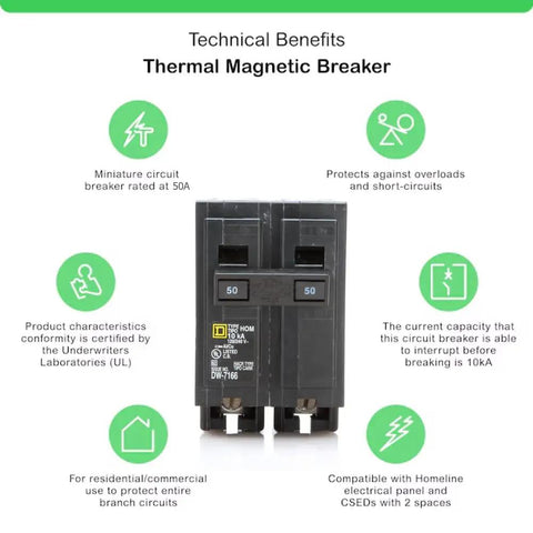 HOM250 50 Amp Double Pole Circuit Breaker Kit For Homeline Panels Genuine OEM Quality Perfect For Your Home Wiring Upgrades Easy Install Rock Solid Thermal Magnetic Protection. Thermal magnetic 50A Homeline breaker front view