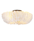 20" Feather Decor Flush Mount Ceiling Fan with Remote, soft white feather design, low-profile chandelier style, suitable for bedroom.