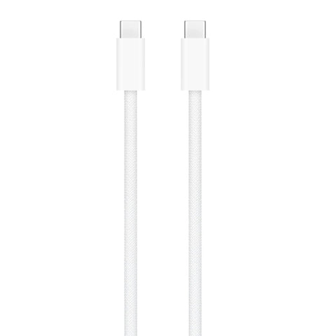 Front view of Apple 240W USB C To USB C Woven Charge Cable 2m for fast charging and data, showing connectors and braided material.