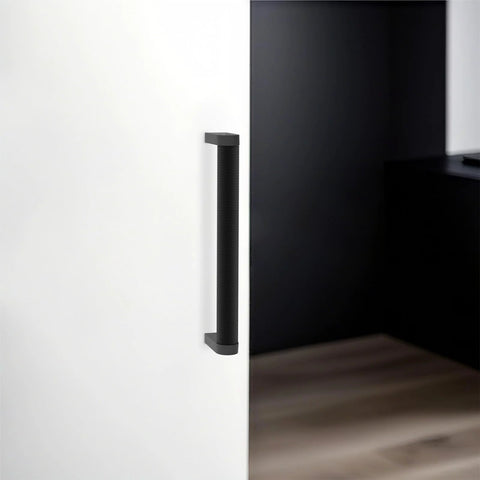 Matte Black Cabinet Pull on White Door with Knurled Handle, Part of 10 Pack, 5 Inch Hole Centers, Durable Aluminum, and Zinc Alloy Construction