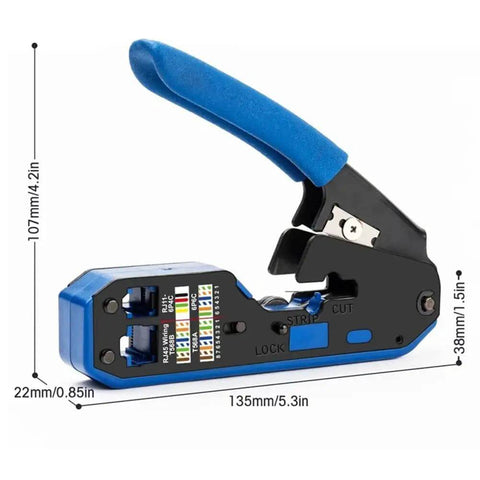 Pro Grade All In One Ethernet Crimp Tool Kit For RJ45 Cat5e Cat6 Pass Through Connectors with ergonomic blue handle