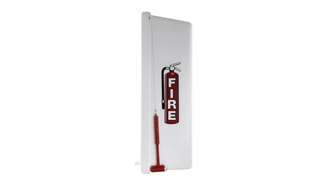 Six Pack White Surface Mounted Fire Extinguisher Cabinet With Hammer Attachment For Five Lb Fire Extinguisher Box, side view with fire graphic.