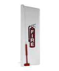 White Surface Mounted Fire Extinguisher Cabinet With Hammer Smash Panel And Dent Proof Shell All Season Lock Box For 10 Lb Units side view with fire extinguisher graphic.