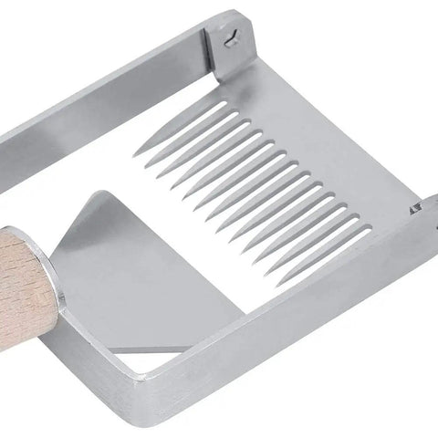 Close-up of Sturdy Stainless Honeycomb Uncapper Fork With Wooden Handle For Beekeeping Pro Grade Heavy Duty Uncapping Tool sharp tines.