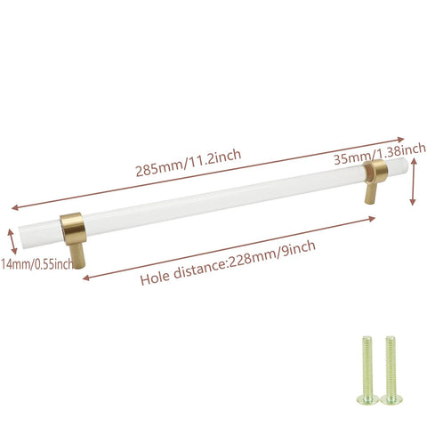 Brushed Brass And Clear Acrylic Cabinet Pulls, Modern T Bar Design, 11.2 Inch Total Length, 9 Inch Hole Center, with screws