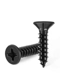 One Hundred Pack Of Number Six By Five Eighth Inch Stainless Steel Wood Screws Premium Grade Black Oxide Coating Flat Head Phillips Drive Full Threaded Build close-up of two black oxide coated screws