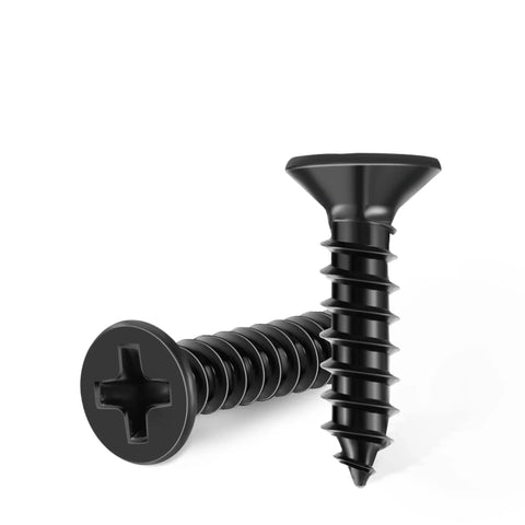 One Hundred Pack Of Number Six By Five Eighth Inch Stainless Steel Wood Screws Premium Grade Black Oxide Coating Flat Head Phillips Drive Full Threaded Build close-up of two black oxide coated screws
