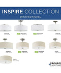 Inspire Close To Ceiling Nickel Flush Mount Light Fixture collection, various sizes and shades, brushed nickel finish.