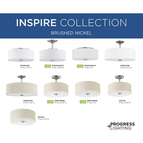 Inspire Close To Ceiling Nickel Flush Mount Light Fixture collection, various sizes and shades, brushed nickel finish.