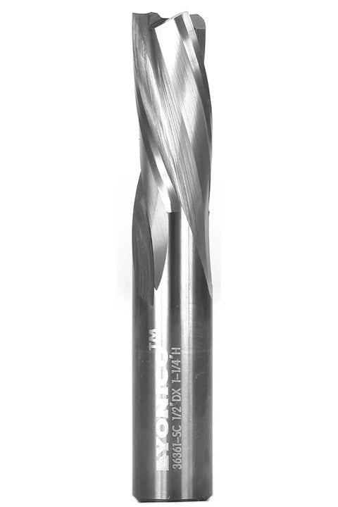 Downcut Router Bit Spiral 3 Flute Solid Carbide End Mill For CNC Work Half Inch Diameter And Half Inch Shank Low Helix For Clean Top Surfaces On Tough Materials Pro Grade Tungsten Carbide Tool displayed vertically with cutting edges visible.