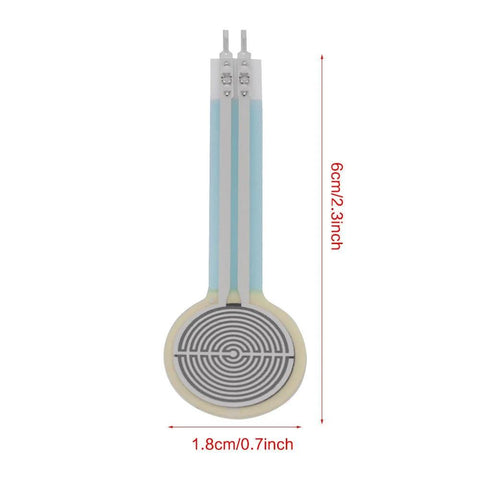 Round force sensing resistor (FSR) pressure sensor with long blue leads, 1.8 cm diameter
