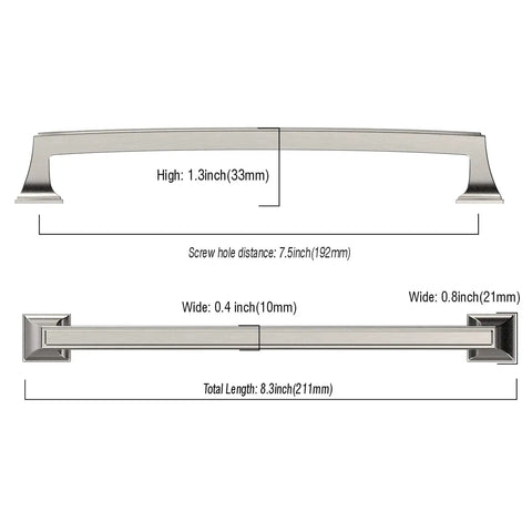 10 Pack 7.5 Inch Brushed Satin Nickel Cabinet Handles For Kitchen Cabinets Cupboards Drawers And Dresser Pulls Durable Stainless Hardware Easy Install Sleek Modern Look Boss Style Pulls with dimensions