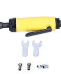 Compact Pneumatic Air Angle Die Grinder Featuring Sealed Ball Bearings And Knockout Performance For Nasty Rust Removal And Smooth One Hand Control On Job Sites And Garage Benches with included wrenches.