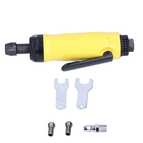 Compact Pneumatic Air Angle Die Grinder Featuring Sealed Ball Bearings And Knockout Performance For Nasty Rust Removal And Smooth One Hand Control On Job Sites And Garage Benches with included wrenches.