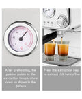 No Drama Stainless Steel Electric Coffee And Milk Frother Machine with gauge and coffee extraction in glasses.