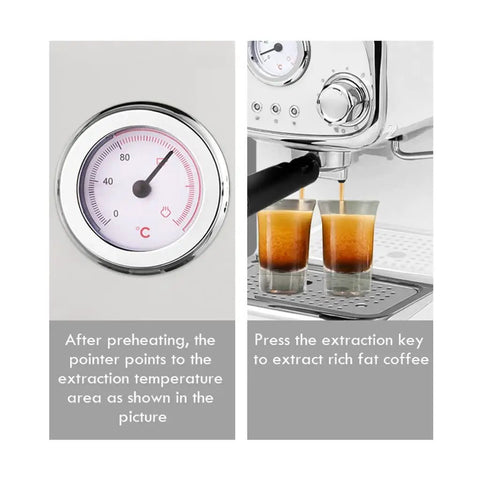 No Drama Stainless Steel Electric Coffee And Milk Frother Machine with gauge and coffee extraction in glasses.