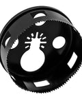 Rack-A-Tiers round multi-tool hole saw, black metal with serrated edge for drywall cutouts