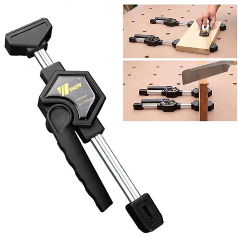 Light Duty Bar Clamp Set For Woodworking, adjustable desktop quick clamp fixtures, stable frame clamps shown on perforated table top.