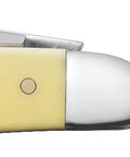 Dang Tough Yellow Synthetic Handle Stockman Pocket Knife With Clip Spey And Sheepfoot Chrome Vanadium Steel Blades side view showing yellow grip and blades