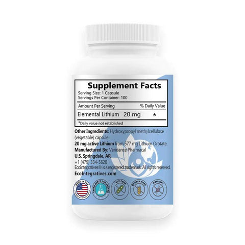 Bioavailable Lithium Orotate 20 Mg For Mood Boost And Emotional Wellness, Boosts Memory And Cognitive Function, Nerve Health, Neurotransmitter Regulation, Oxidative Stress Defense, 100 Caps supplement facts view