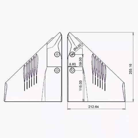 Technical diagram of Dual Outboard Hydrofoil Stabilizer With Sting Ray Dorsal Fin Wing for 5 to 150 HP outboards and outdrives.
