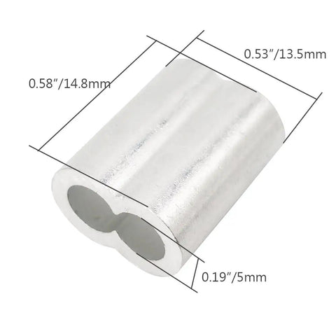 Aluminum crimp loop from Heavy Duty Wire Rope Hardware Set With Thimble And Aluminum Crimp Loop For 3/16 Inch Cable Includes M4 Clamps 304 Stainless Steel Rust Resistant DIY Rigging Kit For Outdoor Projects Fences And Hoists, showing dimensions 14.8mm x 13.5mm x 5mm.