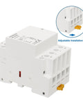 110V AC 4 Pole Modular Contactor Built For 63A Rating And 2NO 2NC Normally Open And Normally Closed Contacts For Forward And Reverse Motor Control Din Rail Mount For HVAC Motor Pump And Lighting Control, shown with adjustable snap feature.