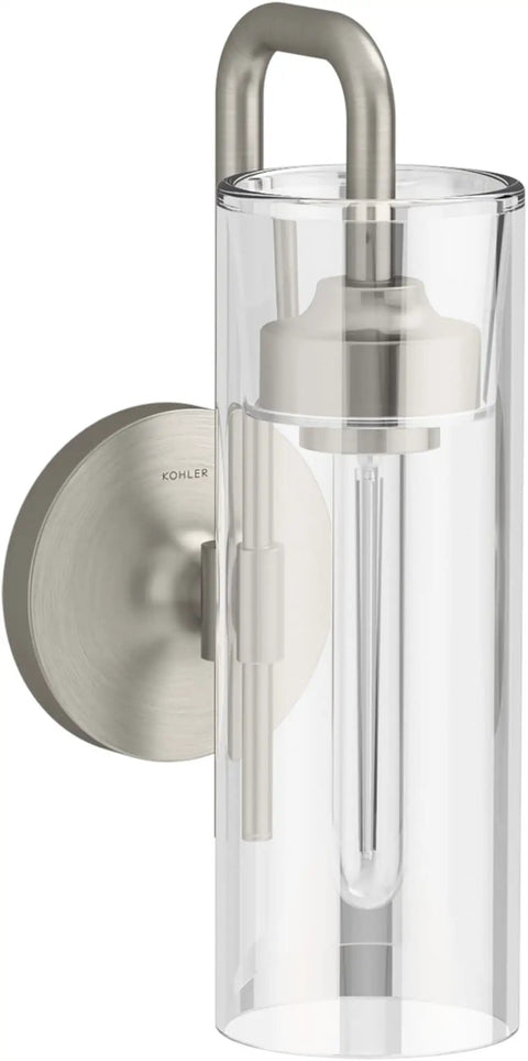 Purist 1 Light Sconce With Rounded Glass Shade And Tubular Metal Base, Modern Wall Lighting For Damp Areas, Requires E26 Medium Base Bulb, Type T Recommended, Coordinates With Purist Collection, shown in brushed nickel finish