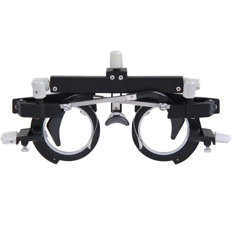 Fully Adjustable Optometry Trial Frame For Eye Exams And Fittings with black and silver finish, precise PD adjustments, rotating lens degrees.
