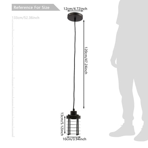 Vintage Iron Cage Pendant Light, Industrial Hanging Lamp Rustic, 47" with dimensions displayed, adjustable chain for height.