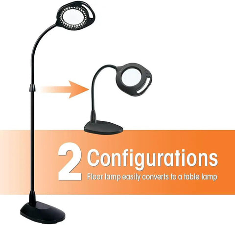 All In One Craft Lamp With Magnifier And LED Table Light Flexible Gooseneck Handy Desk Light For Fine Detail Work 2x Optical Grade 5 Inch Magnifier 30 Natural Daylight LEDs Up To 240 Lumens Great For DIY Projects showing two configurations as floor and table lamp.