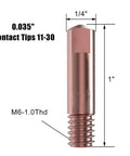 Close-up of 0.035 in contact tip from Lincoln 46-Piece MIG Welding Consumables Kit For 100L Welder With 40 Contact Tips 0.035 In 3 Gas Nozzles 1/2 In And 3 Gas Diffusers 0.035 In Pro Grade Replacement Parts For Fast Flawless Welds