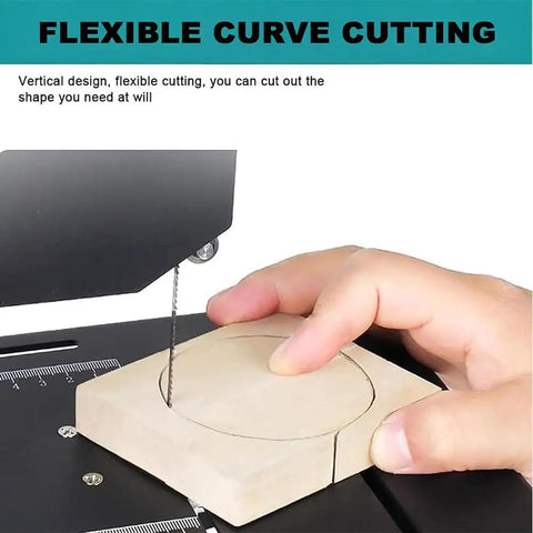 Powerhouse 800W Pure Copper Benchtop Bandsaw cutting a curve in wood block