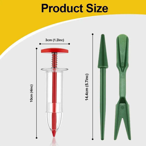 Six Piece Mini Seed Spreader Set For Tiny Seeds showing seed dispenser, dibber, and widger with size dimensions