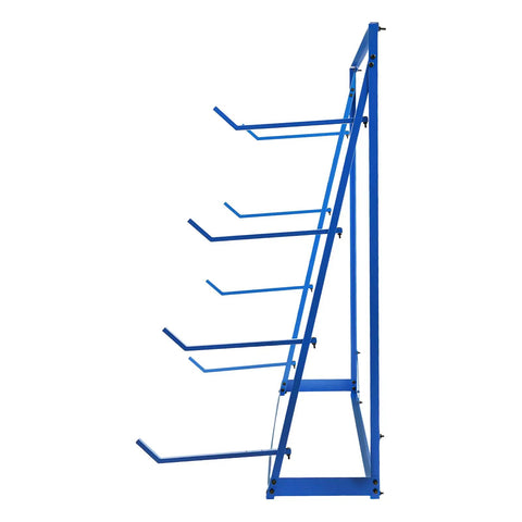 Legit Heavy Duty Steel Cantilever Storage Rack With 440 Lb Capacity Adjustable Arms side view showcasing blue steel frame and adjustable arms.