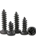 200 Piece Assortment Kit Black Carbon Steel Round Head Cross Drive Self Tapping Screws M1 To M3 in various sizes.