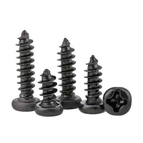 200 Piece Assortment Kit Black Carbon Steel Round Head Cross Drive Self Tapping Screws M1 To M3 in various sizes.