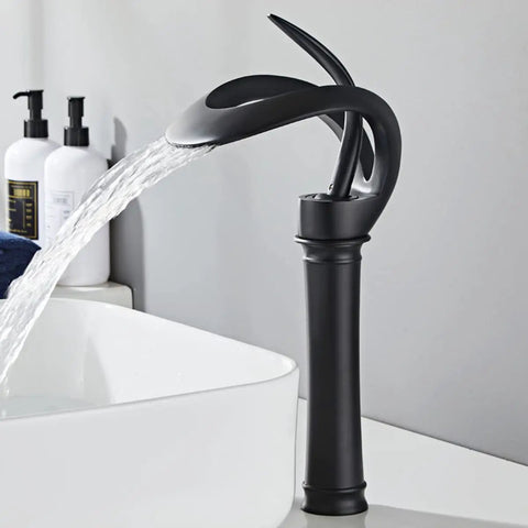 Matte Black Vessel Faucet With Ultra Wide Waterfall Spout High Flow Single Handle One Hole Deck Mount Lavatory Brass Faucet Tall Design