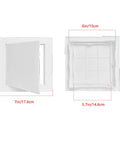 Straight Up Solid Drywall Access Panel 6X6 Inch Abs Plastic Wall Hole Cover With Flip Access Door showing dimensions and open view.