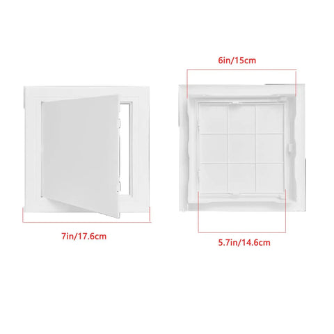 Straight Up Solid Drywall Access Panel 6X6 Inch Abs Plastic Wall Hole Cover With Flip Access Door showing dimensions and open view.