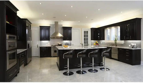 Modern kitchen with 4 Inch LED Recessed Downlight With Baffle Trim And E26 Base Dimmable 2700K Soft White 650 Lumen lighting
