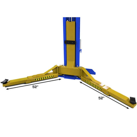 Boss Shop Two Post Auto Lift With 15000 Pound Capacity showing symmetric arms measuring 52 inches for secure lift support.