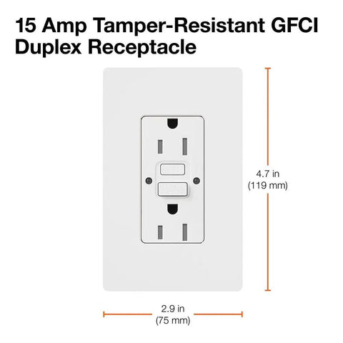 15 Amp Tamper Resistant GFCI Duplex Receptacle In Light Almond With Self Test Every 30 Seconds No Fuss Install shown with dimensions