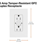 Tamper-Resistant 15 Amp GFCI Duplex Outlet In Biscuit Finish With Self-Checking Test And Reset Button Every 30 Seconds Coordinates With Decorator Style Dimmers And Switches Wall Plate Not Included, shown with dimensions